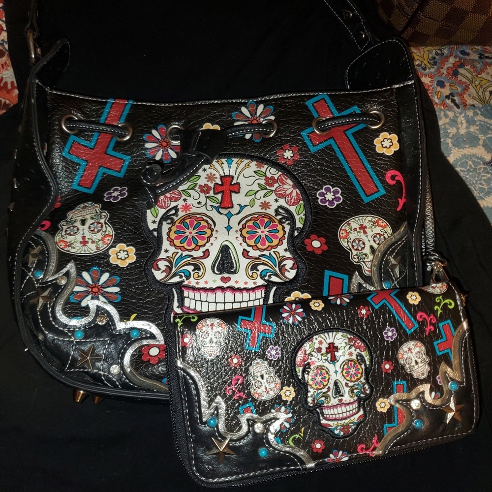 Black Sugar Skull Design Tote Bag W Matching Wallet